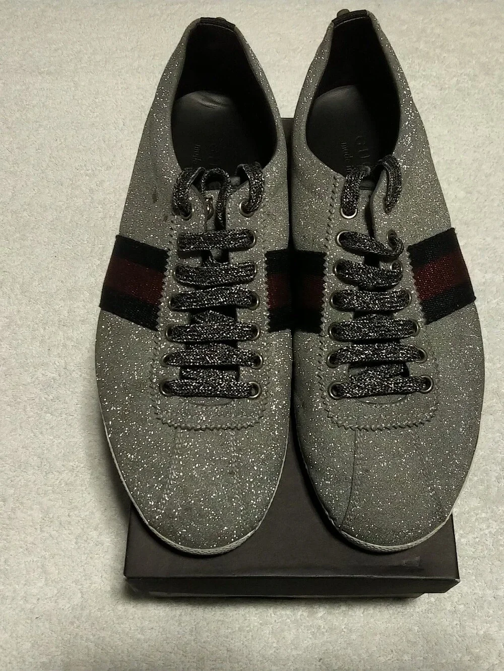 Authentic Gucci Bambi Silver Glitter Web Sneakers Size 8.5 Unisex (Fit Men 9.5)